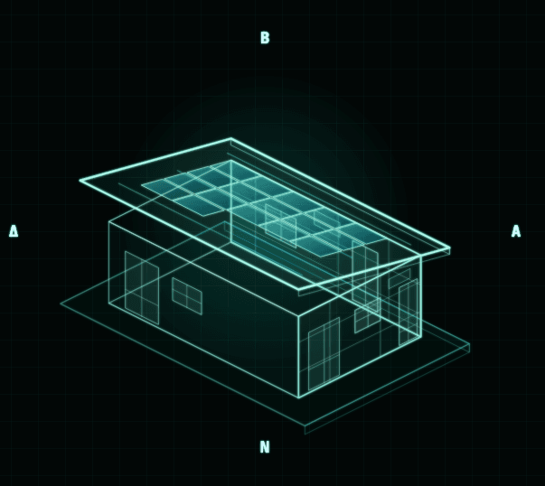 Τρισδιάστατη wireframe απεικόνιση κατοικίας με φωτοβολταϊκά στην οροφή
