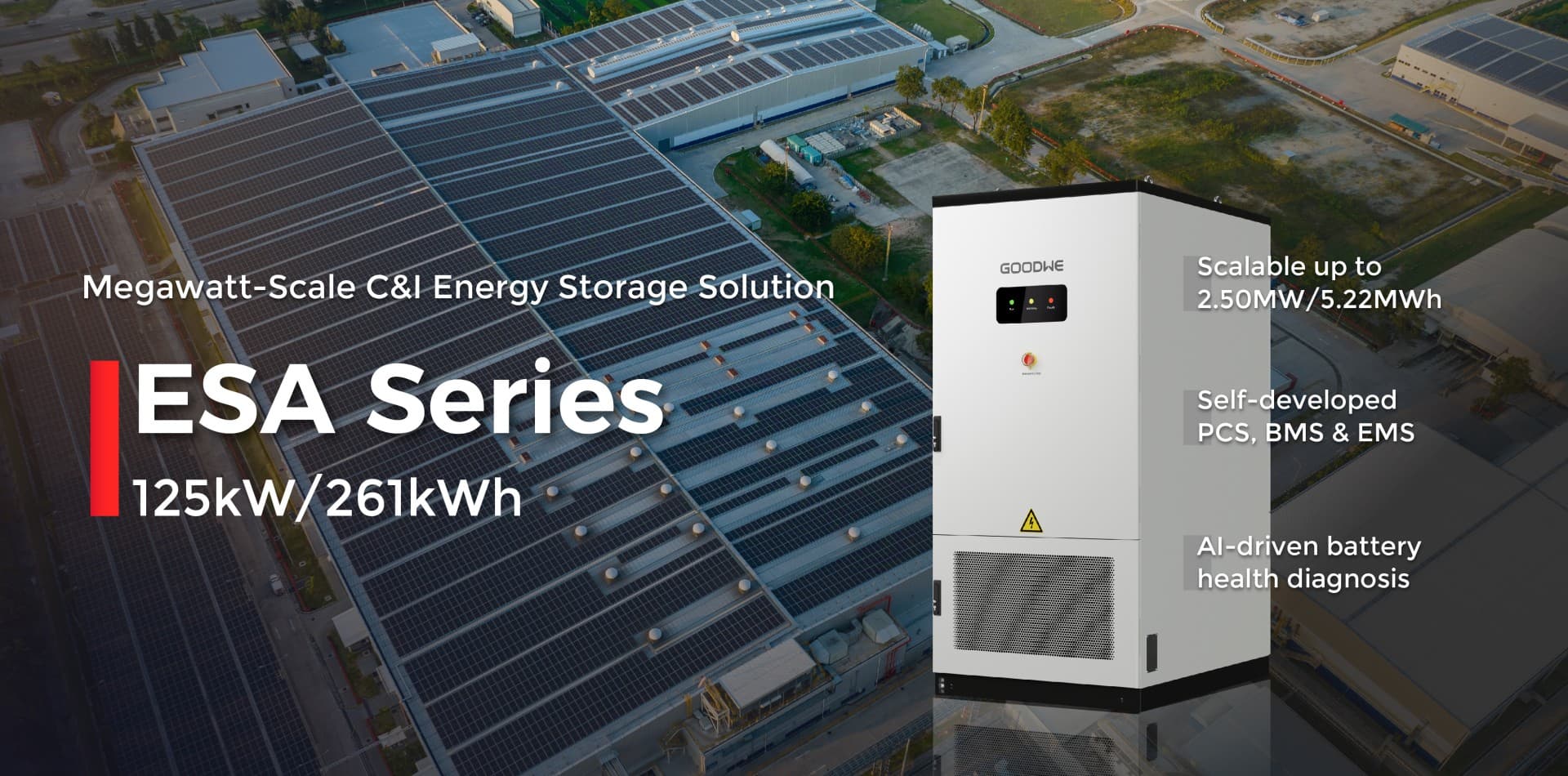 Κεντρικό οπτικό θέμα για GoodWe ESA Series 125kW/261kWh: All-in-One αποθήκευση ενέργειας για επιχειρήσεις